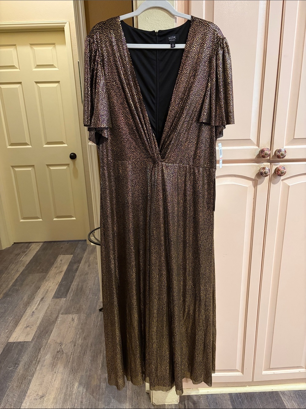 MSK Black and Gold Polka Dot deep V gathered Maxi Dress